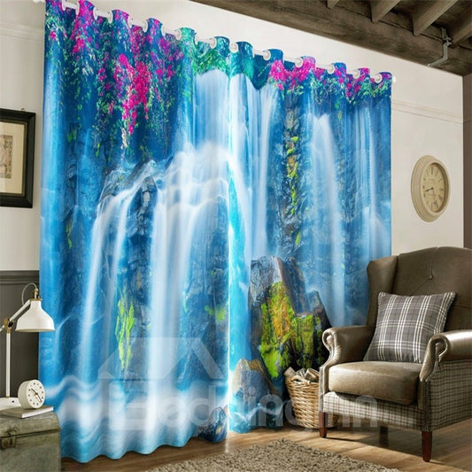 3D Bright Purple Flower and Running Waterfalls Printed Natural Scenery 2 Panels Curtain