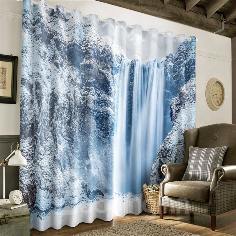 3D-Eisberg-Wasserfälle, bedruckt mit natürlicher Landschaft, dekorativer und verdunkelnder Fenstervorhang