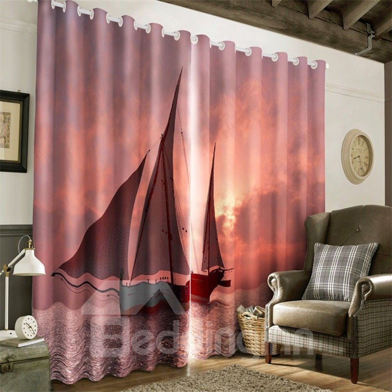 3D Sail Boat on the Waving Sea Printed 2 Panels Decorative and Blackout Curtain
