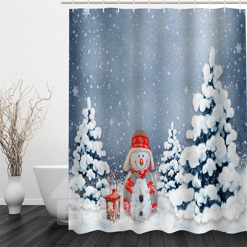 3D White Snow Snowman Printed Polyester Waterproof Antibacterial Eco-friendly Shower Curtain
