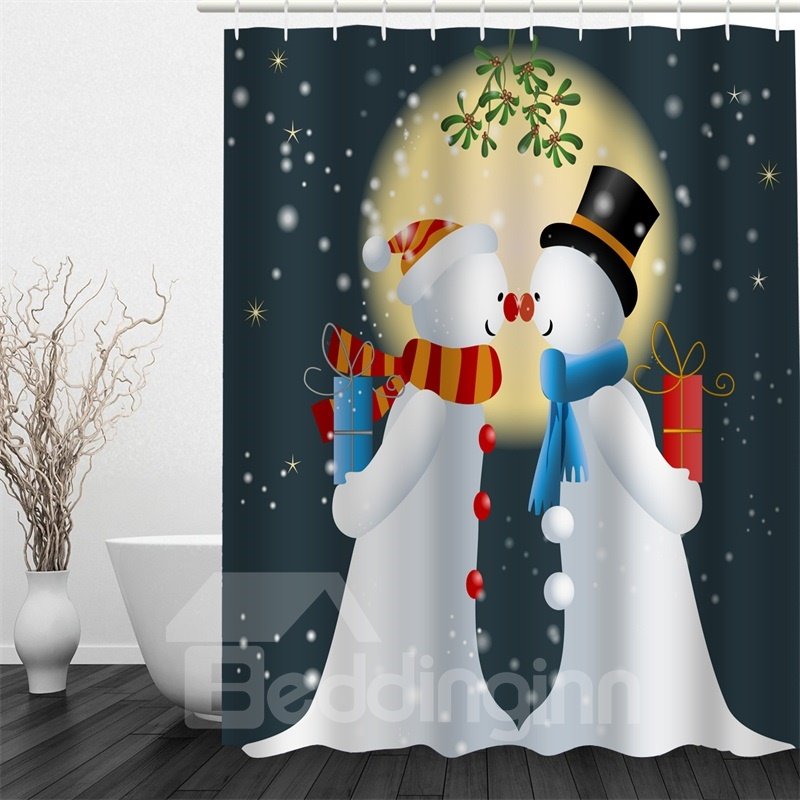 3D Snowmen Couple Printed Polyester Waterproof Antibacterial Eco-friendly Shower Curtain