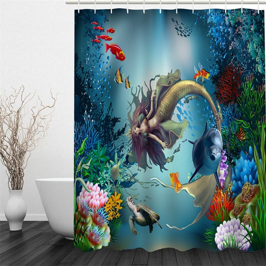 3D Mermaid Printed Polyester Waterproof Antibacterial Eco-friendly Shower Curtain