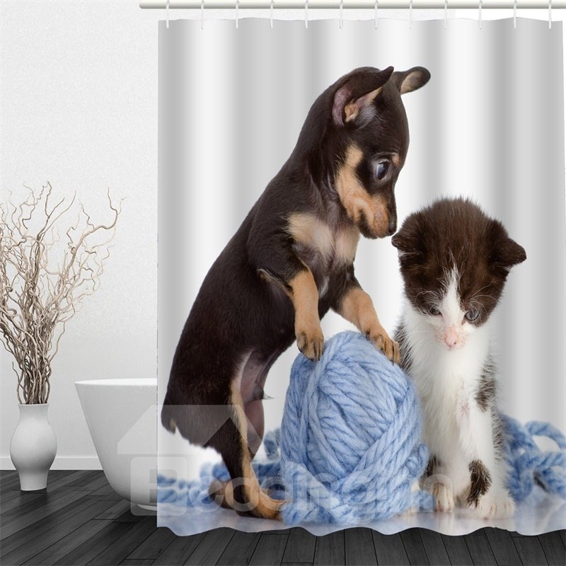 Duschvorhang mit 3D-Motiv, Motiv: Hund, Kätzchen, spielender Garnball, bedruckt, Polyester, wasserdicht, antibakteriell, umweltfreundlich