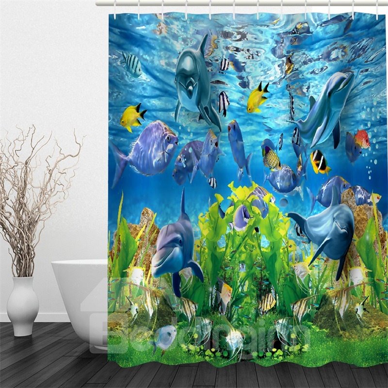 3D Fishes Dolphins in Sea Polyester Waterproof Antibacterial Eco-friendly Shower Curtain
