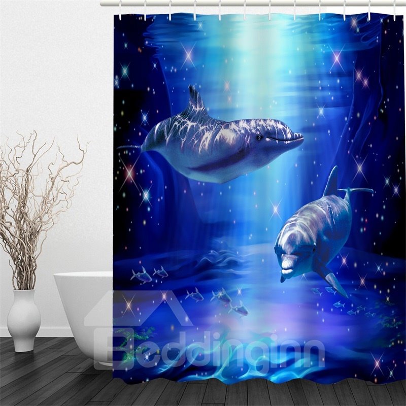 3D Dolphins in Blue Sea Pattern Polyester Waterproof Antibacterial Eco-friendly Shower Curtain