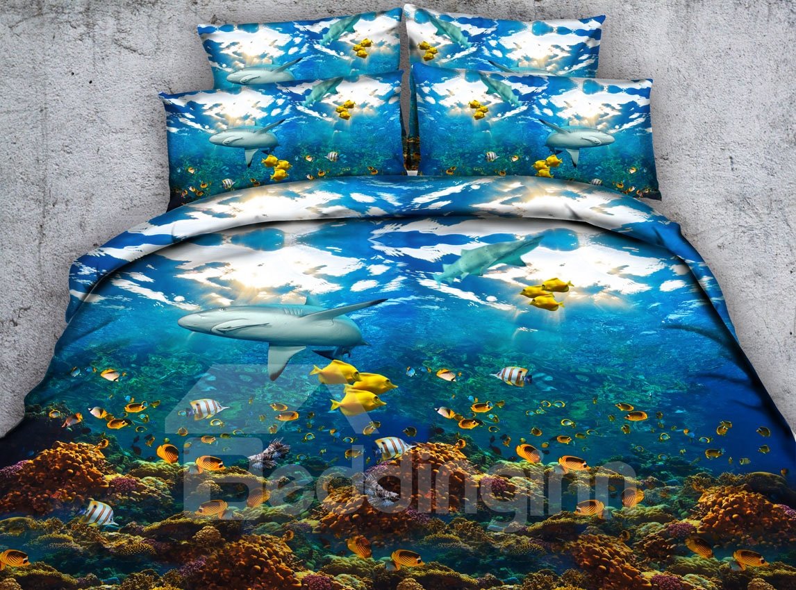 Shark and Colorful Fish Printed 4-Piece Blue 3D Bedding Sets/Duvet Cover Set