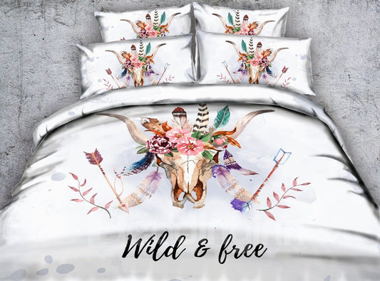 Cow Skull with Feathers Printed 3D 4-Piece White Bedding Sets/Duvet Covers