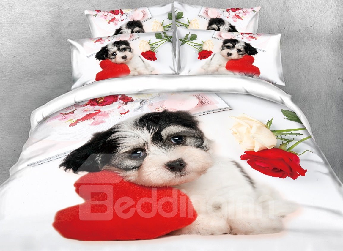 Puppy Dog with Heart-shaped Pillow Printed 4-Piece 3D Bedding Set/Duvet Cover Set White