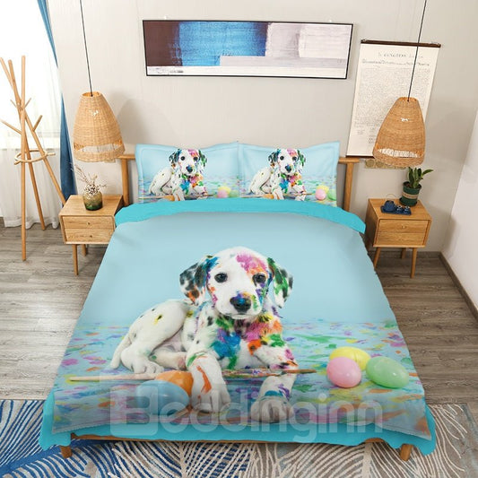 3D bunter Dalmatiner-Hund, 4-teiliges Bettbezug-Set/Bettwäsche-Set, Blau 