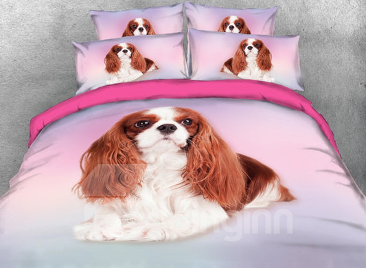 Juego de cama/funda nórdica de 4 piezas con estampado de perro Cavalier King Charles Spaniel en 3D, color rosa 