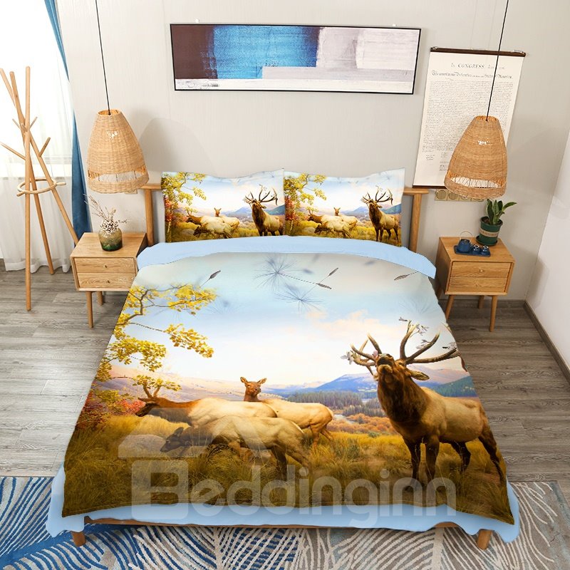 Juego de cama/funda nórdica con estampado de animales de 4 piezas en 3D con estampado de familia de alces en los pastizales de otoño 