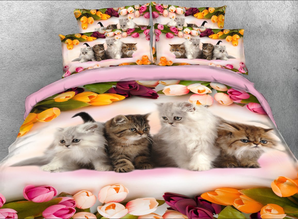 Juego de cama y funda nórdica con estampado animal de 4 piezas en 3D de gatitos y tulipanes coloridos 