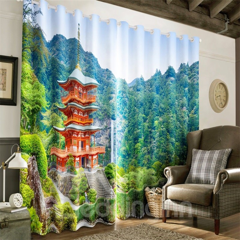 3D-Pavillon im dichten Wald, bedruckter 2-teiliger individueller Vorhang für das Wohnzimmer