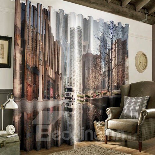 3D City Street Scenery Printed 2 Panels Decorative Custom Curtain for Living Room