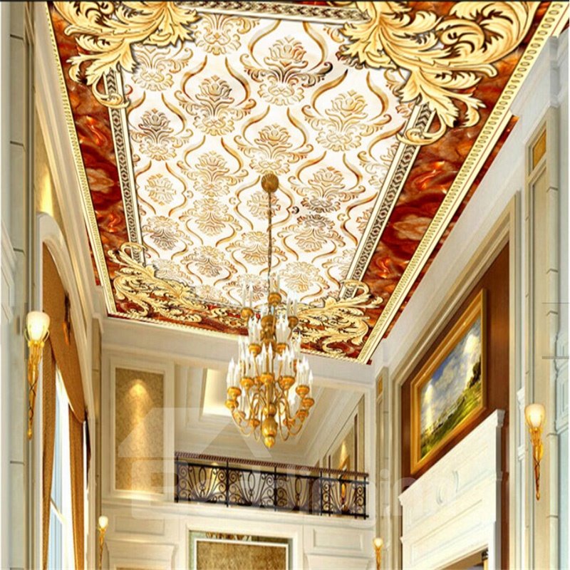 3D Golden Pattern PVC Waterproof Sturdy Eco-friendly Self-Adhesive Ceiling Murals