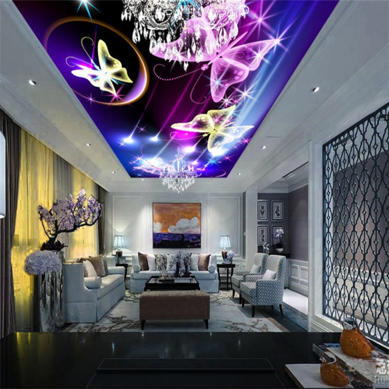 Purple Flutter Butterfly Printed PVC Waterproof Sturdy Eco-friendly Self-Adhesive Ceiling Murals