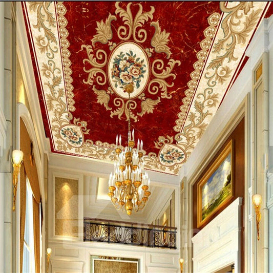 3D Red Rug Style PVC Waterproof Sturdy Eco-friendly Self-Adhesive Ceiling Murals