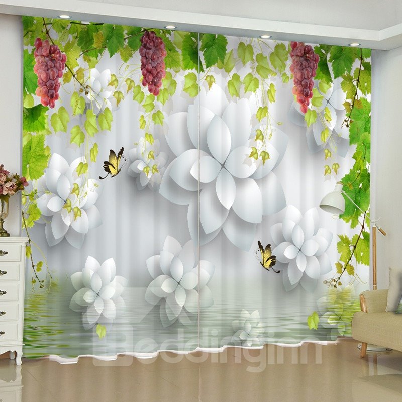 Cortina de ventana personalizada de estilo fresco con estampado de uvas moradas y flores blancas en 3D