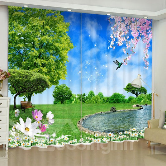 Cortina de sala de estar con estampado de pastizales verdes y río límpido en 3D, 2 paneles