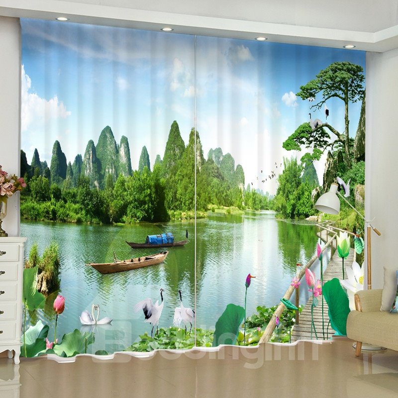 Cortina de ventana personalizada con 2 paneles de paisaje natural impreso con montañas verdes y agua en 3D