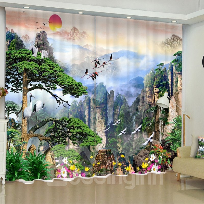 3D-bedruckter dekorativer individueller Wohnzimmervorhang mit steilen Bergen und grünen Kiefern