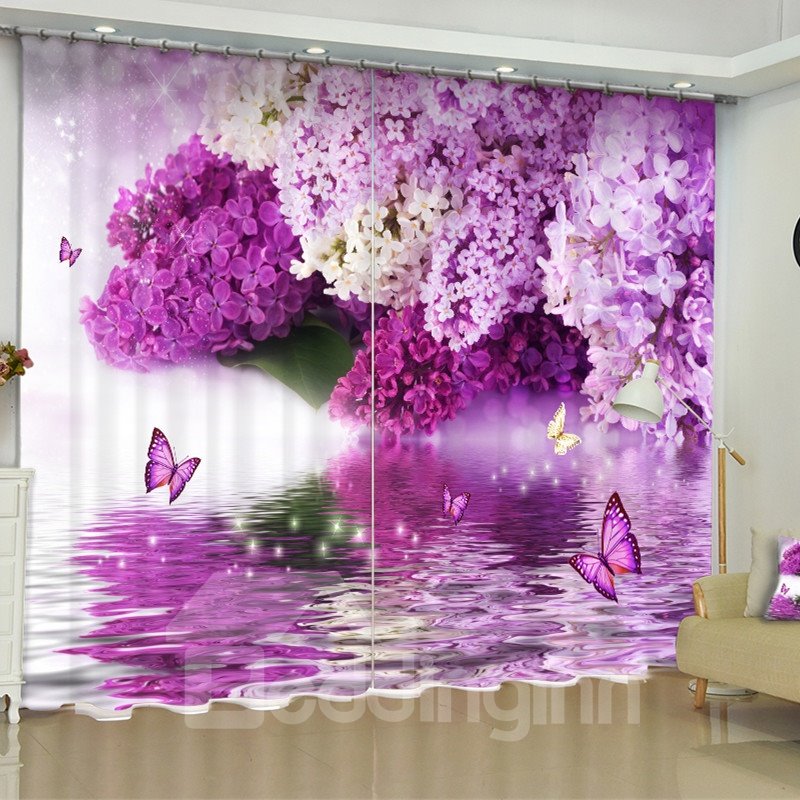 3D Pink Flowers and Butterflies Printed 2 Panels Custom Living Room Curtain