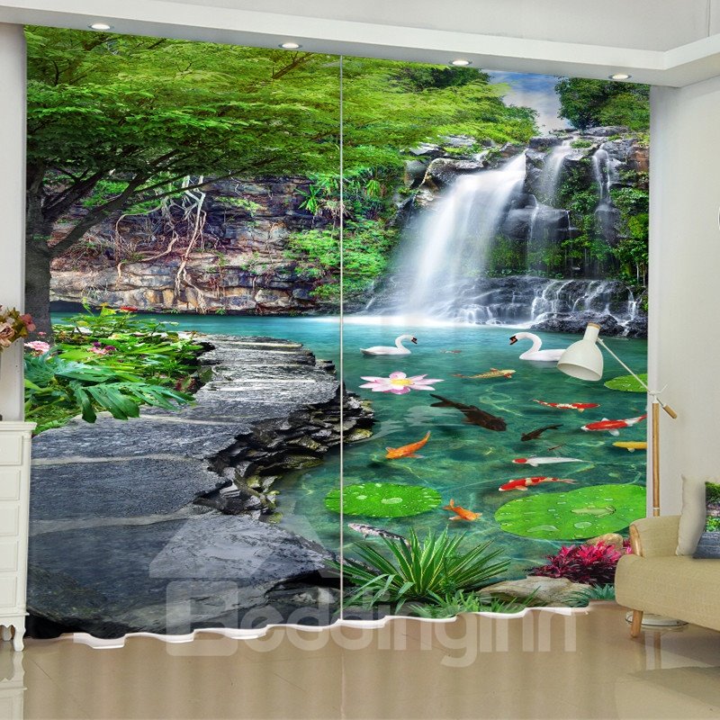 3D Slate Road and Running Waterfalls with Green Trees Printed 2 Panels Custom Curtain