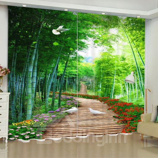 3D Wooden Road with Flowers and White Doves Printed Custom Curtain for Living Room