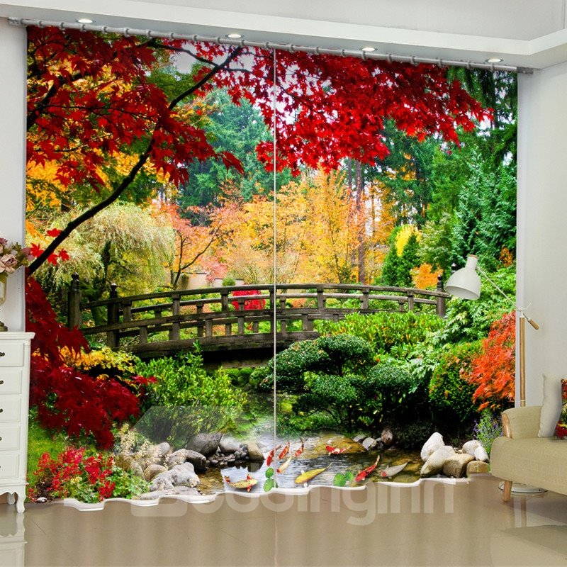 3D Wooden Bridge and Red Yellow Leaves Printed 2 Panels Living Room Curtain