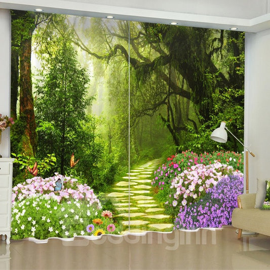 Cortina personalizada con paisaje natural impreso con flores moradas y bosques encantadores en 3D