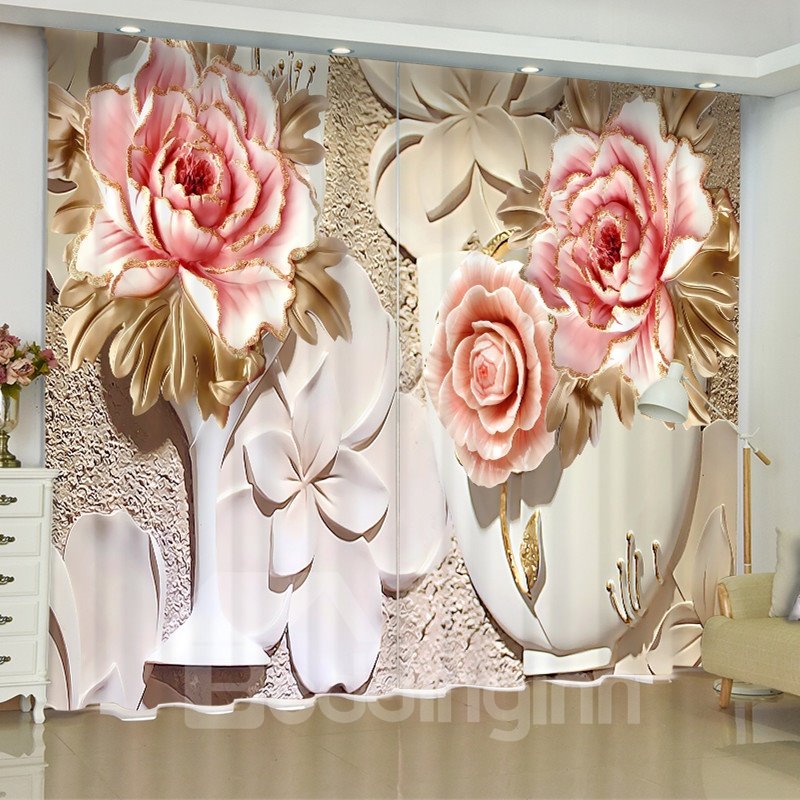Cortina personalizada a prueba de polvo y opaca decorativa con estampado de flores rosas elegantes en 3D para sala de estar y dormitorio