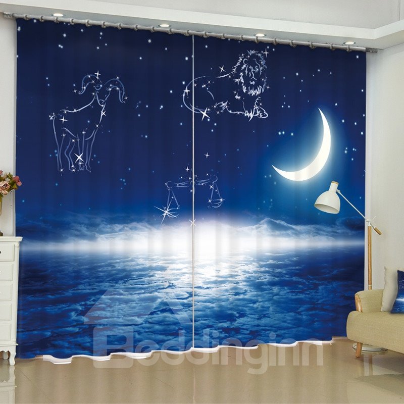 Bedruckter individueller Schlafzimmervorhang mit 3D-Motiv „Heller Mond mit Sternen und Sternbildern“.