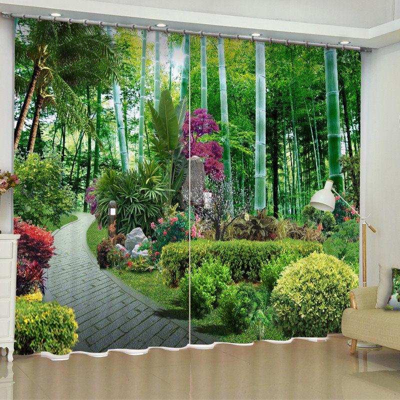 Cortina decorativa 3D con estampado de jardín verde y camino de pizarra, 2 paneles