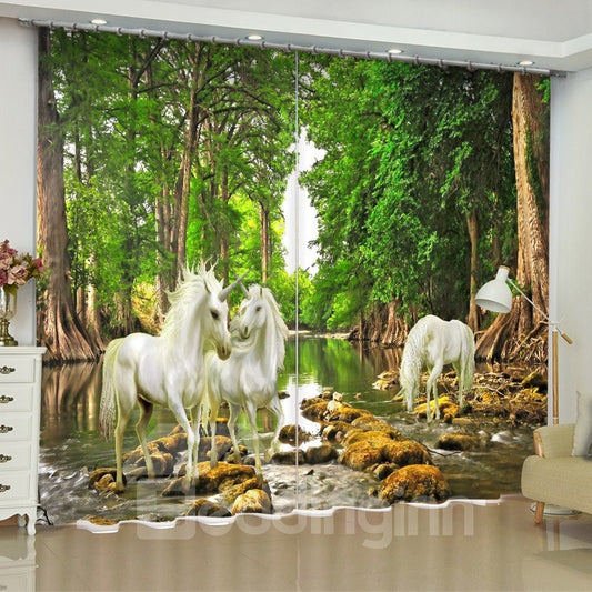 3D-Vorhang mit weißen Einhörnern und grünem Wald und klarem Fluss, bedruckt, 2 Bahnen, individueller Vorhang