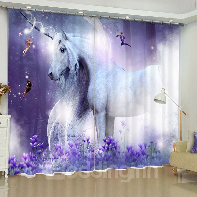 Cortina 3D personalizada para dormitorio con 2 paneles de color púrpura soñador con estampado de unicornio blanco en 3D