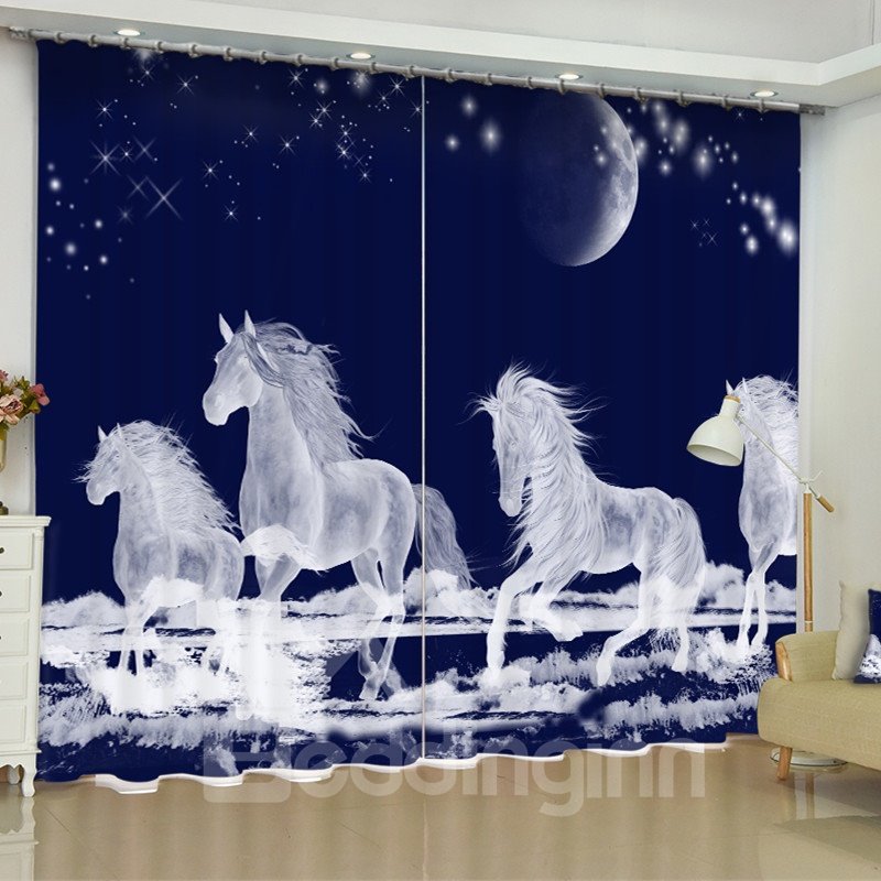 3D White and Transparent Running Horses Printed Polyester Cotton Custom Living Room Curtain