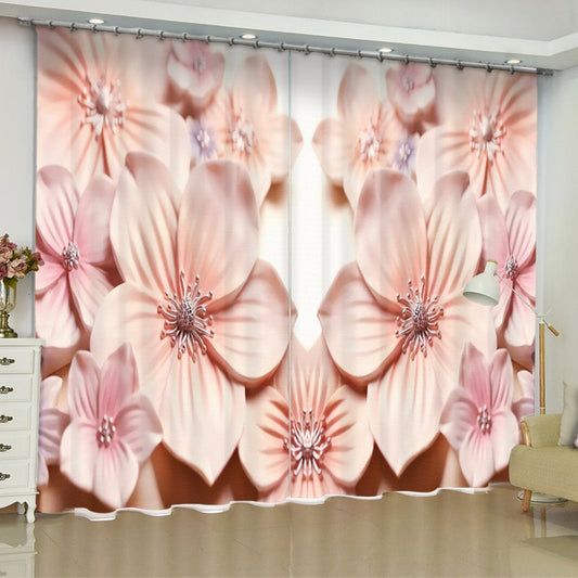 3D Artificial Pink Peach Flowers Printed Elegant and Modern Living Room Curtain