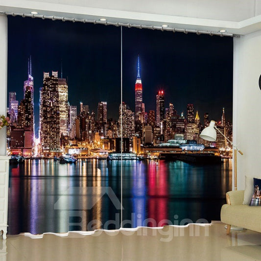 Cortina de sala de estar personalizada con 2 paneles de paisaje nocturno maravilloso con estampado de edificios modernos en 3D