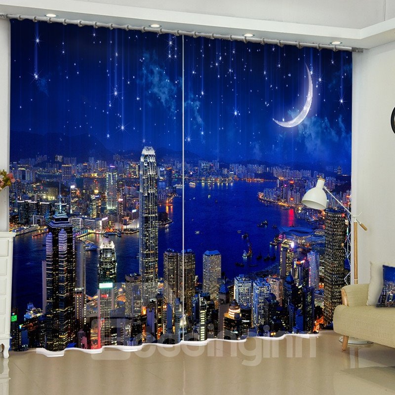 3D Modern City Night Scenery with Blue Sky Printed Custom Living Room Curtain