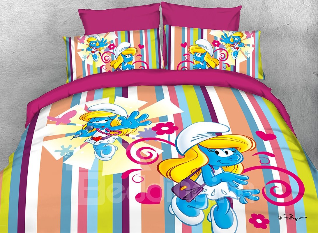 Cantante Pitufina soñadora y rayas de colores Juegos de cama/fundas nórdicas de 4 piezas