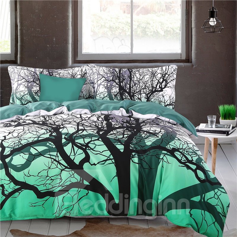 Adorila 60S Brocade Tree Branches Cluster Impreso Juegos de cama de algodón verde de 4 piezas 