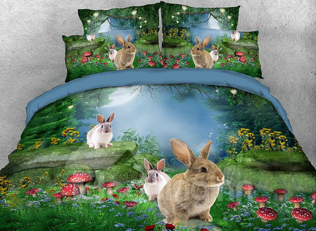 Wild Rabbits with Mushrooms Printed  3D 4-Piece Bedding Set/Duvet Cover Set Green Forest Scenery