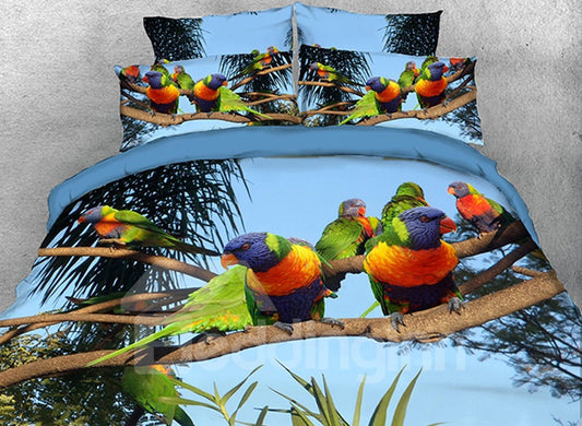 Juego de funda nórdica 3D de 4 piezas con loros arcoíris en rama, juego de cama con paisaje natural 