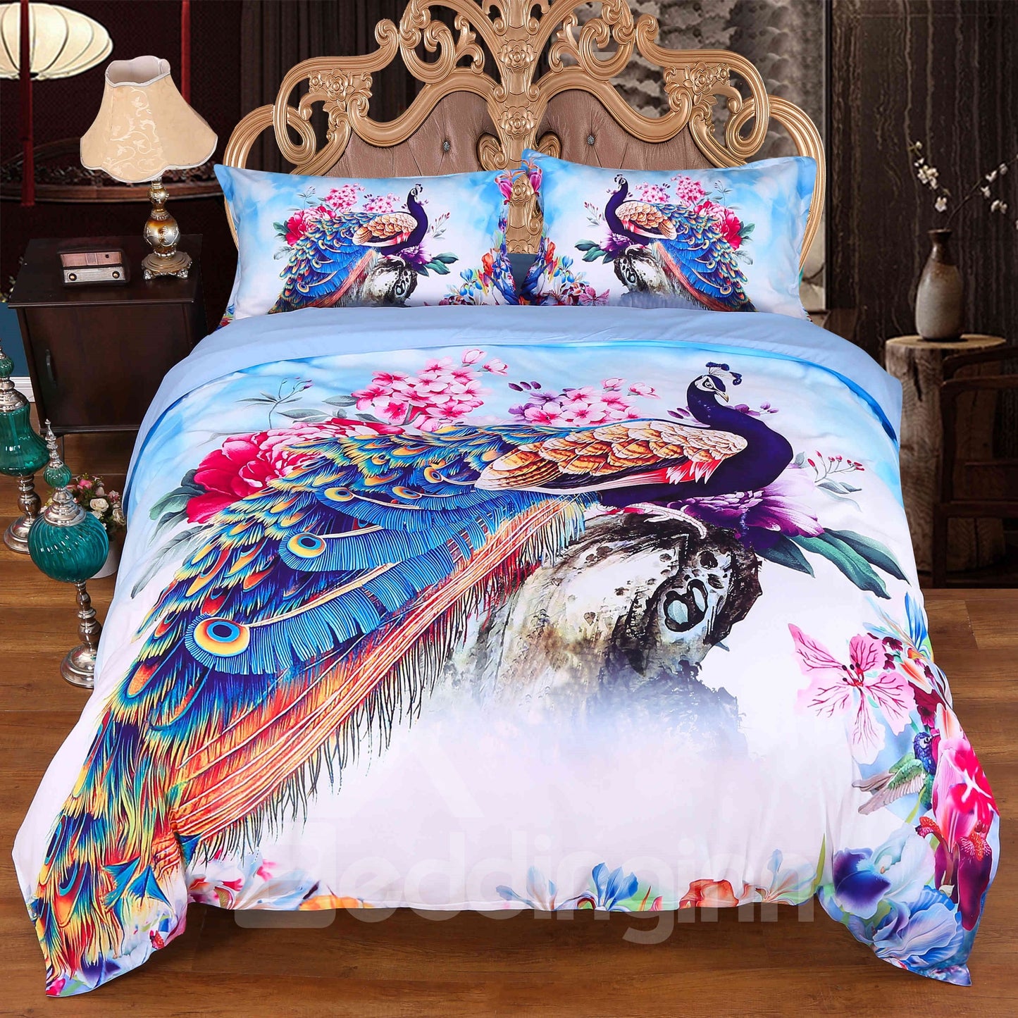 Peacock and Peony Watercolor Printed 3D 4-Piece Animal Print Duvet Cover Set/Bedding Set Blue