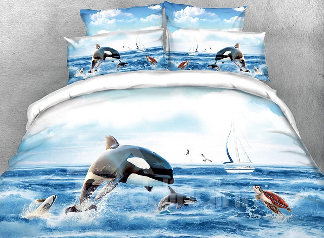 Orcinus Orca Printed 4-Piece 3D Bedding Set Blue Sea Duvet Cover Set