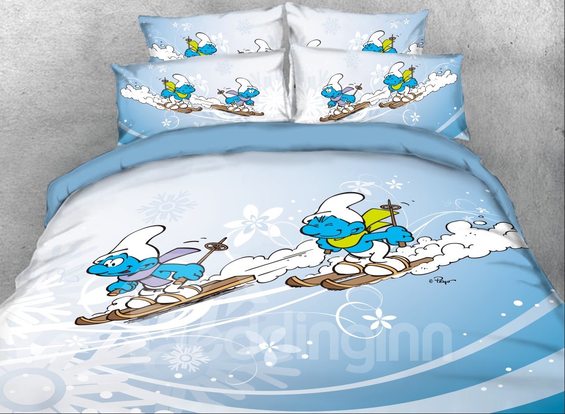 The Smurfs Skiing Winter Printed 4-Piece Bedding Sets/Duvet Covers
