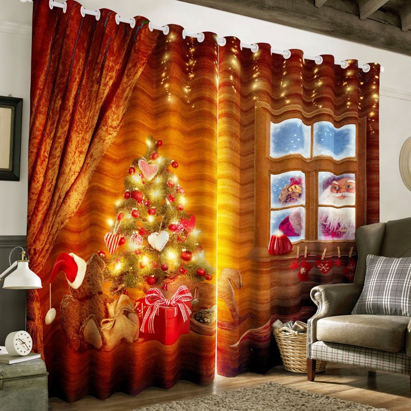 3D Red Bright Christmas Tree Printed 2 Panels Decorative Custom Curtain