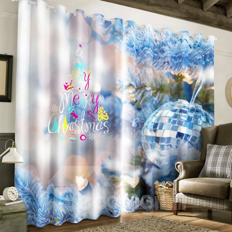 3D Christmas Decorations Printed 2 Panels Polyester Custom Living Room Curtain