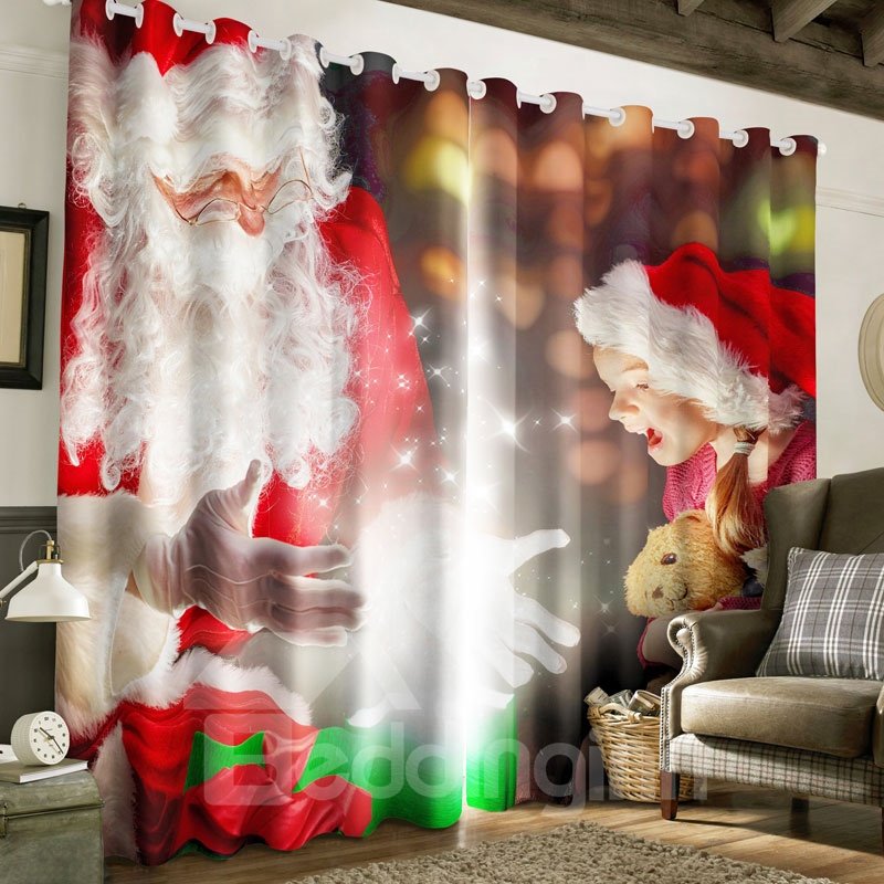 3D-Vorhang mit niedlichem Weihnachtsmann und hübschem Mädchen, bedruckt, 2 Bahnen aus Polyester
