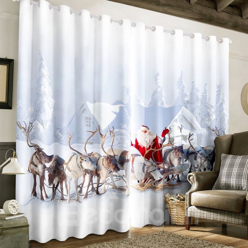 Benutzerdefinierter 3D-Fenstervorhang aus bedrucktem Polyester mit Hirsch und Weihnachtsmann und weißem Schnee